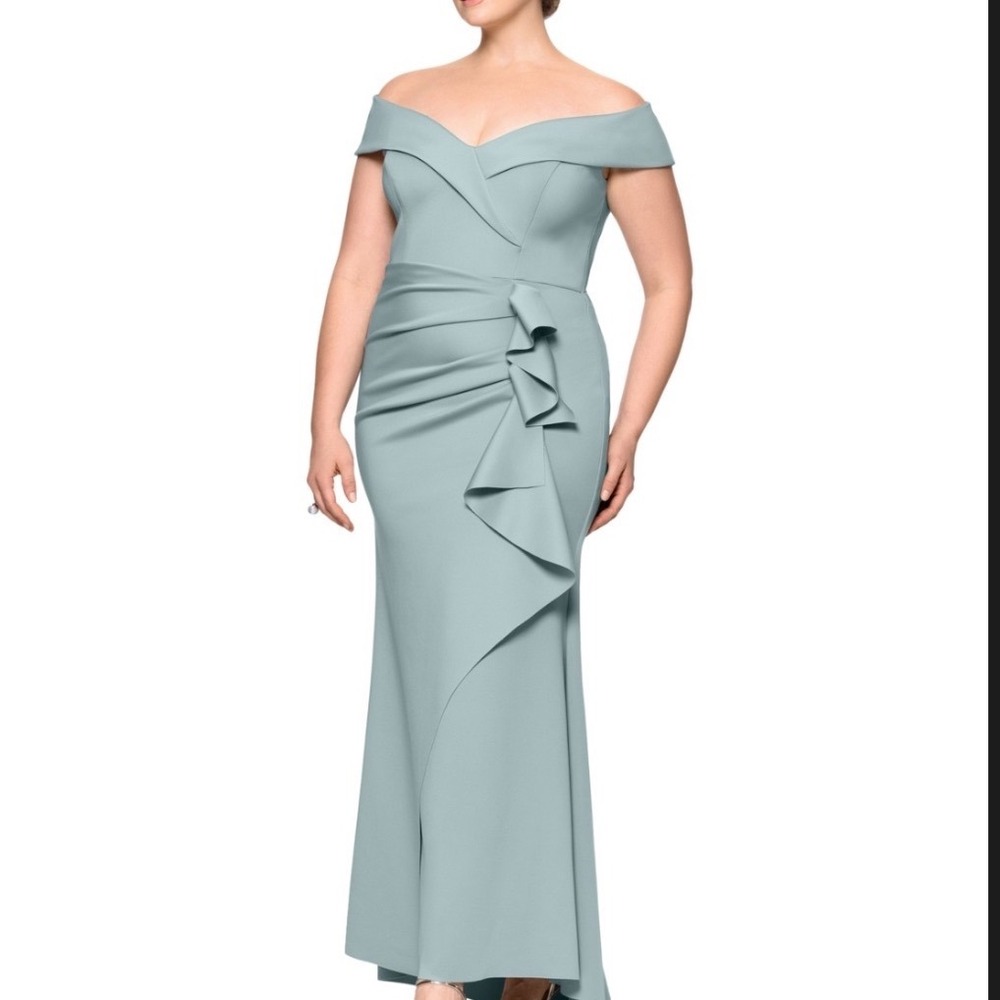 XSCAPE Gown Women 18W NEW Off-Shoulder Ruffle Sage Blue Formal MSRP $299